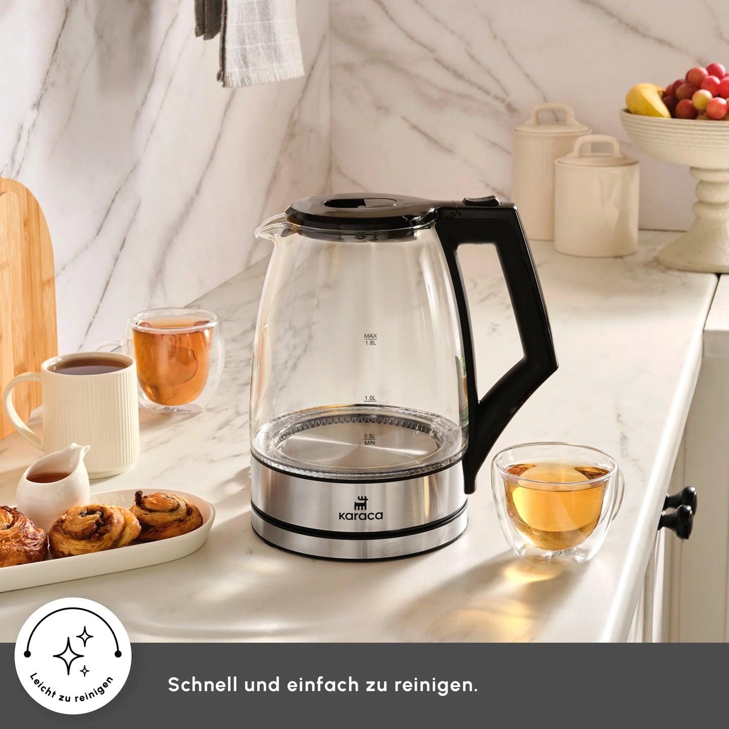 Karaca Glacia Glas Wasserkocher, 2200W, 1,8L, Transparent