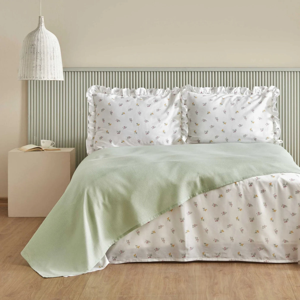 Karaca Home Lidya, 100% Baumwolle Doppelbett Tagesdecke Set, Grün